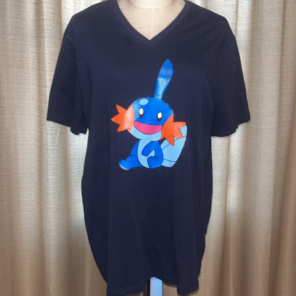 Mudkip Pokemon Handmade Vinyl V-Neck Navy Blue Short Sleeve Shirt